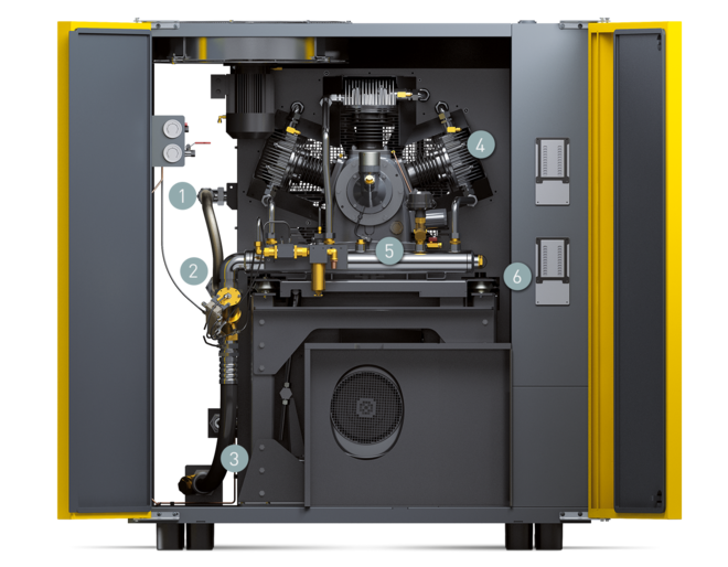 A DN C sorozatú utánsűrítő-kompakt berendezés alkotóelemei (elülső oldal)